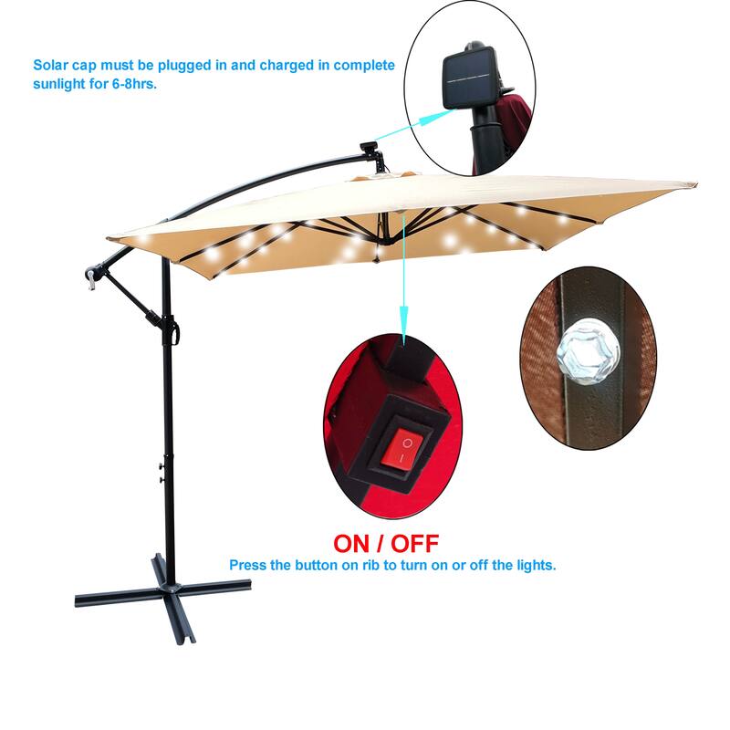 Square 2.5X2.5M Patio Umbrella Solar Powered LED Lighted Sun Shade Market Waterproof 8 Ribs Umbrella with Crank and Cross Base