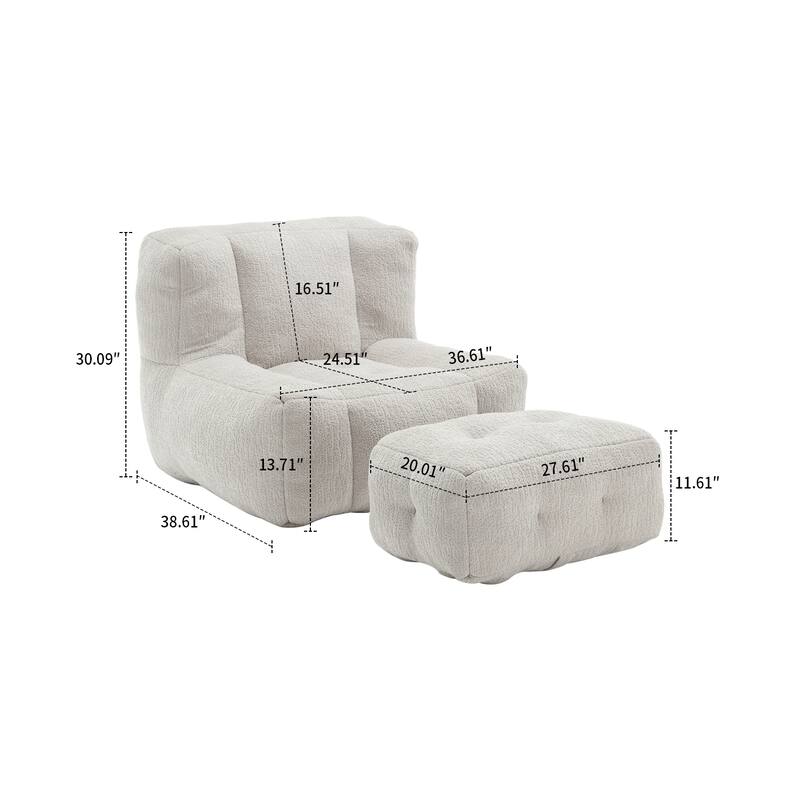 Velvet Upholstered Bean Bag Chair Lazy Chair with an Ottoman