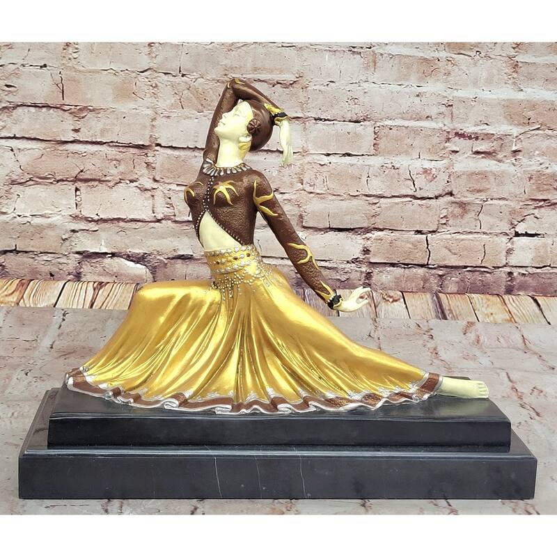 Art Nouveau Chiparus Dancer In Long Skirt - Gold Patina Bronze Sculpture