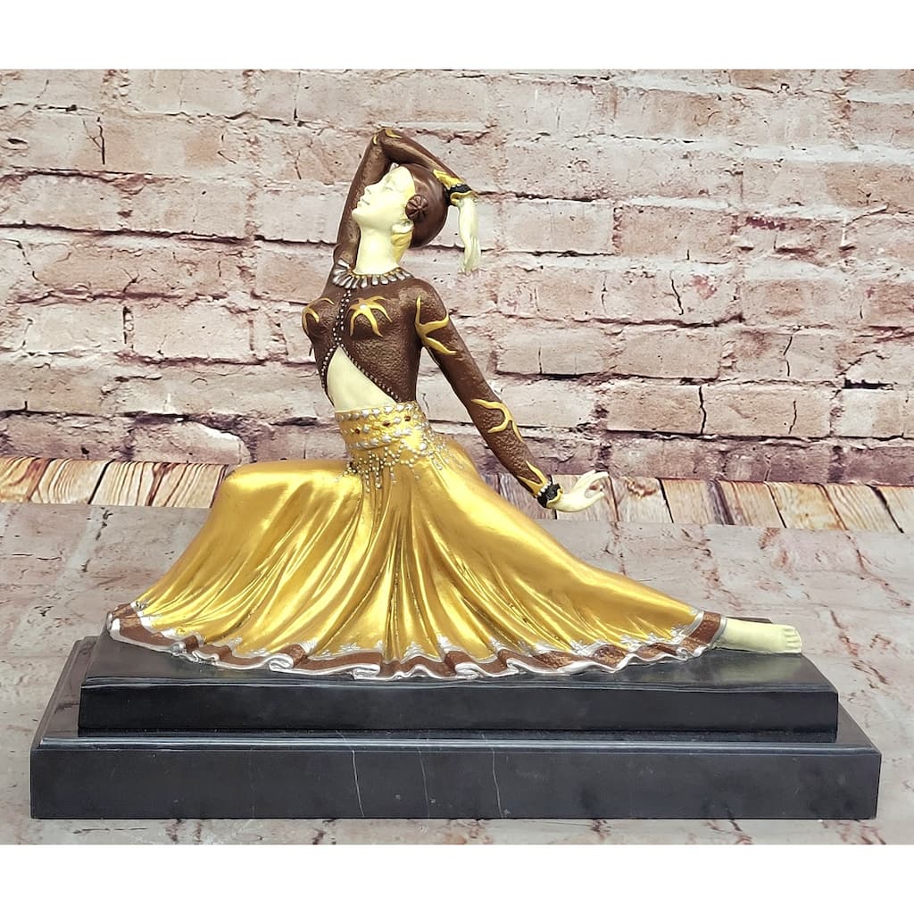 Art Nouveau Chiparus Dancer In Long Skirt - Gold Patina Bronze Sculpture