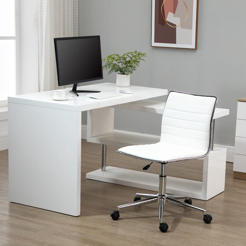 Vinsetto Mid-Back Armless Office Chair Task Chair with PU Leather, Adjustable Height and Swivel Seat Ribbed, White