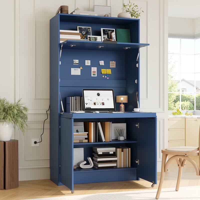 Compact Kitchen Pantry Storage Cabinet, 69" H Buffet Sideboard Server Table with Drop-Down Workstation & Power Outlet - Dark Blue