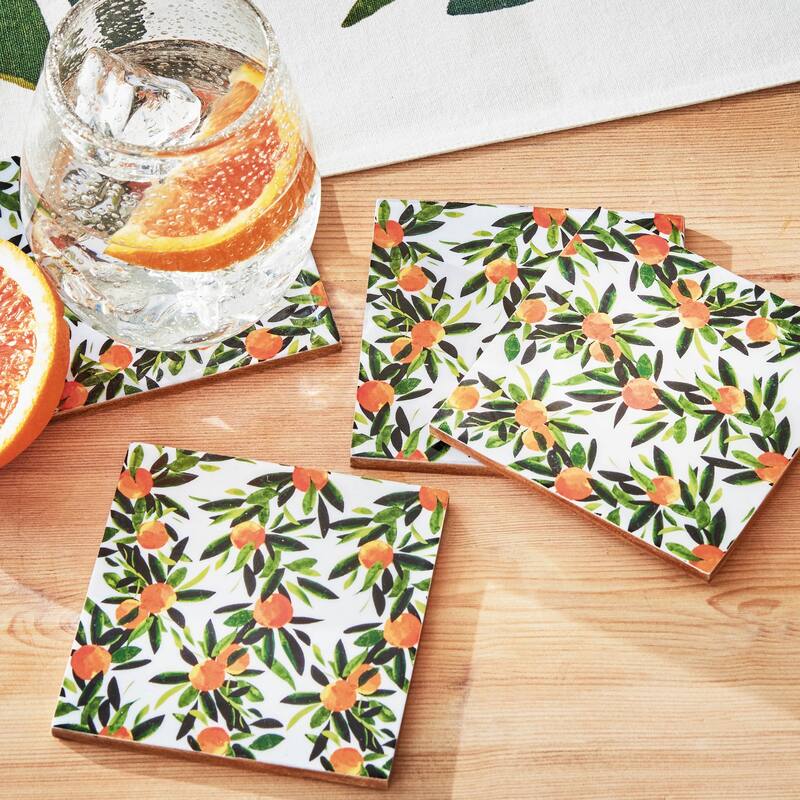 Citrus Grove Coasters Set of 4 - Multicolor Wooden Drink Coasters for Bar and Home - Wipe Clean - 4x4 inches
