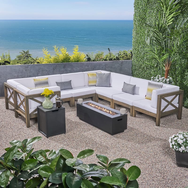 Thasos Outdoor Farmhouse Acacia Wood 8 Seater U-Shaped Sectional Sofa Set with Fire Pit by Christopher Knight Home - gray finish  + dark gray+ white cushion