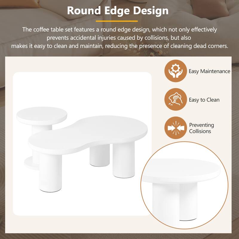 Roomfitters Modern Cloud Nesting Coffee Table Set, Irregular Center Table with Thick Legs and Round Accent Side Table, White