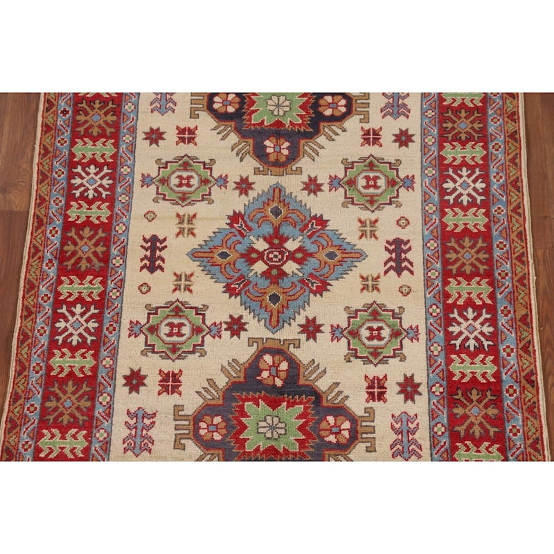 Traditional Kazak Area Rug Handmade Beige Geometric Wool Carpet - 3'11" x 5'11"