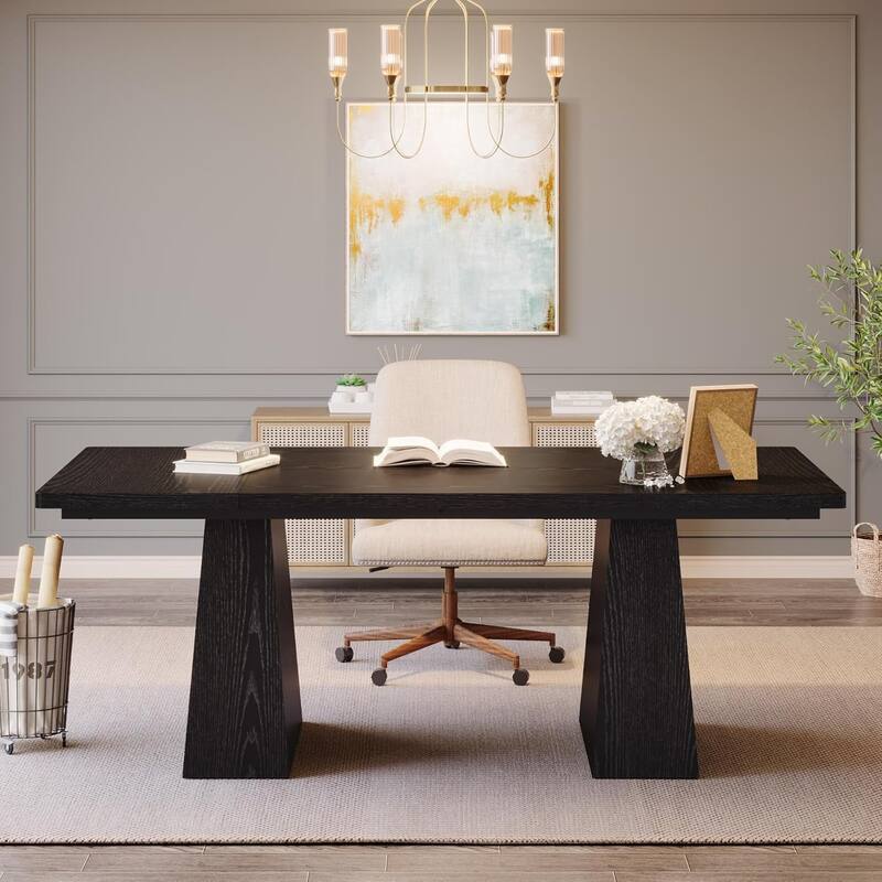 63-Inch Executive Desk, Large Office Computer Desk with Double Pedestal, Black