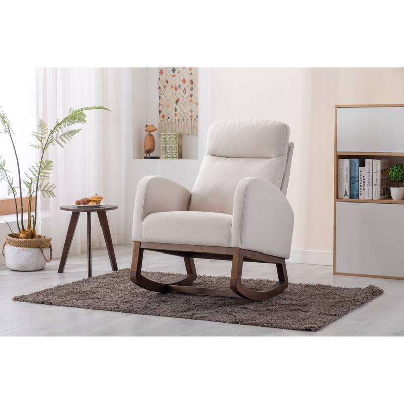 Beige High Back Rocking Chair Nursery Chair Comfortable Rocker Fabric Padded Seat