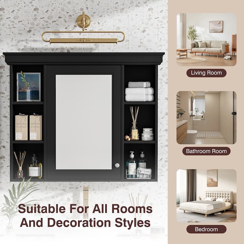Roomfitters 35x28 Inch Wall Mounted Bathroom Storage Cabinet with Mirror Door and 6 Open Shelves