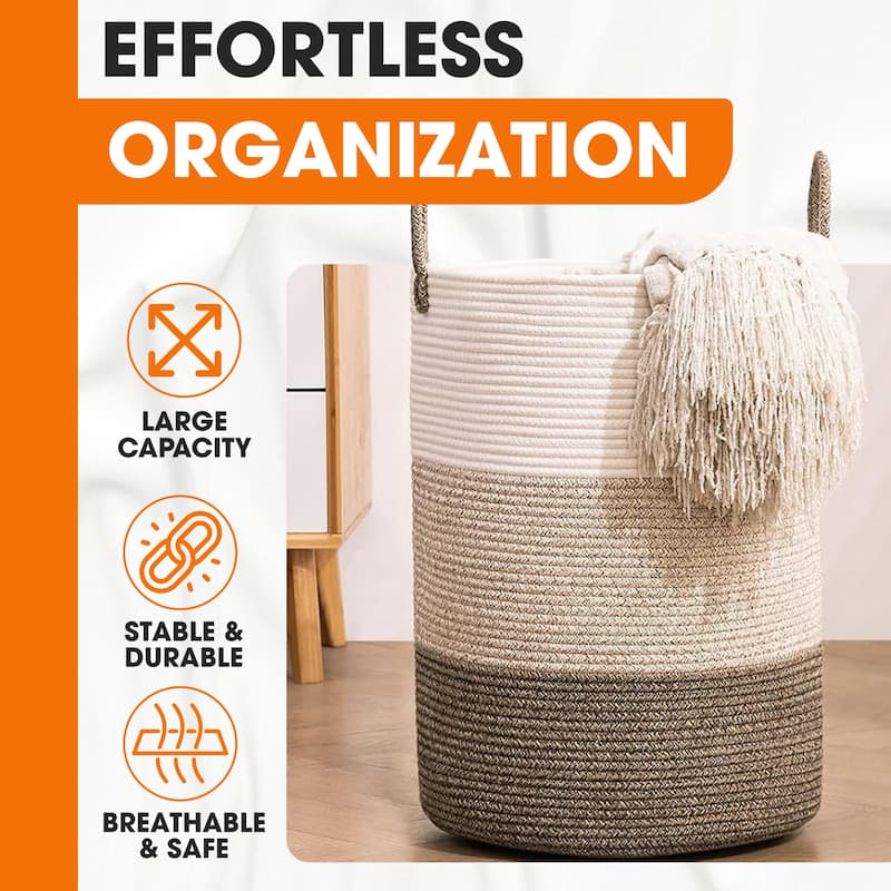 Cheer Collection Large Woven Cotton Laundry Hamper with Handles Stylish Storage Basket for Clothes Toys and Blankets