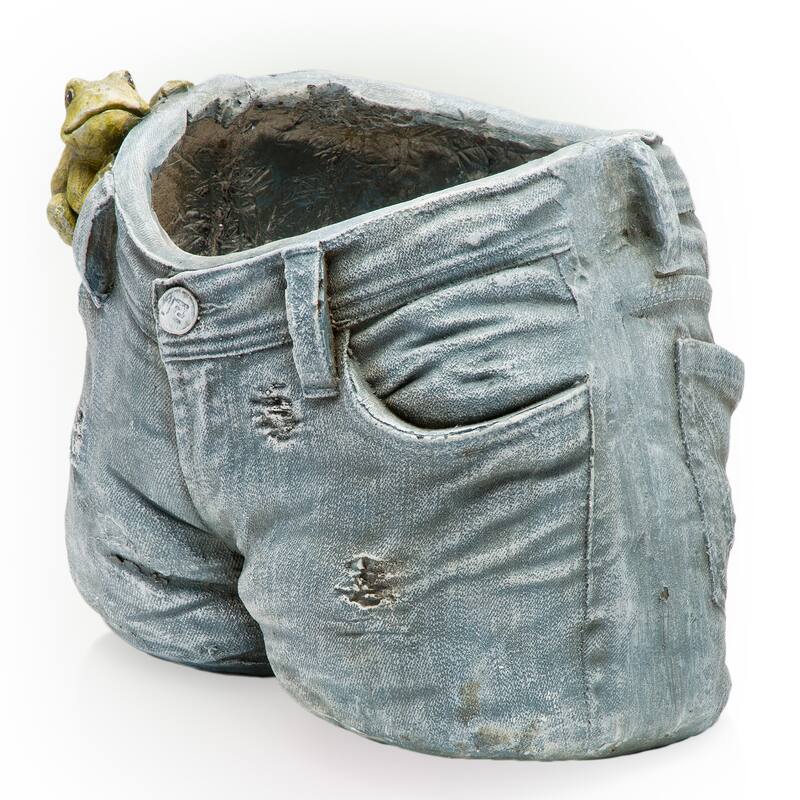 Alpine Corporation 10" Tall Indoor/Outdoor Denim Shorts with Frog Shaped Planter and Yard Decoration - 14"L x 11"W x 10"H