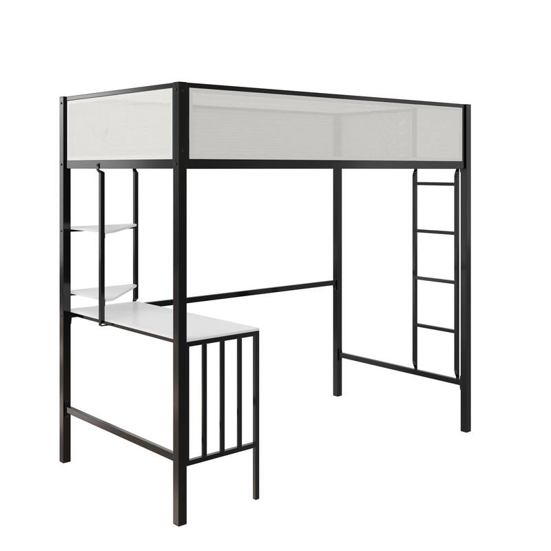 Roomfitters Axel Twin Metal Loft Bed with Desk and Shelves, Mesh Guardrails, Black and Off-White