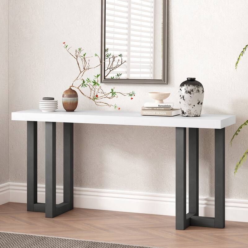 Geometric Design Console Table with Solid Pine Legs,Suitable for Entryway - Gray,White