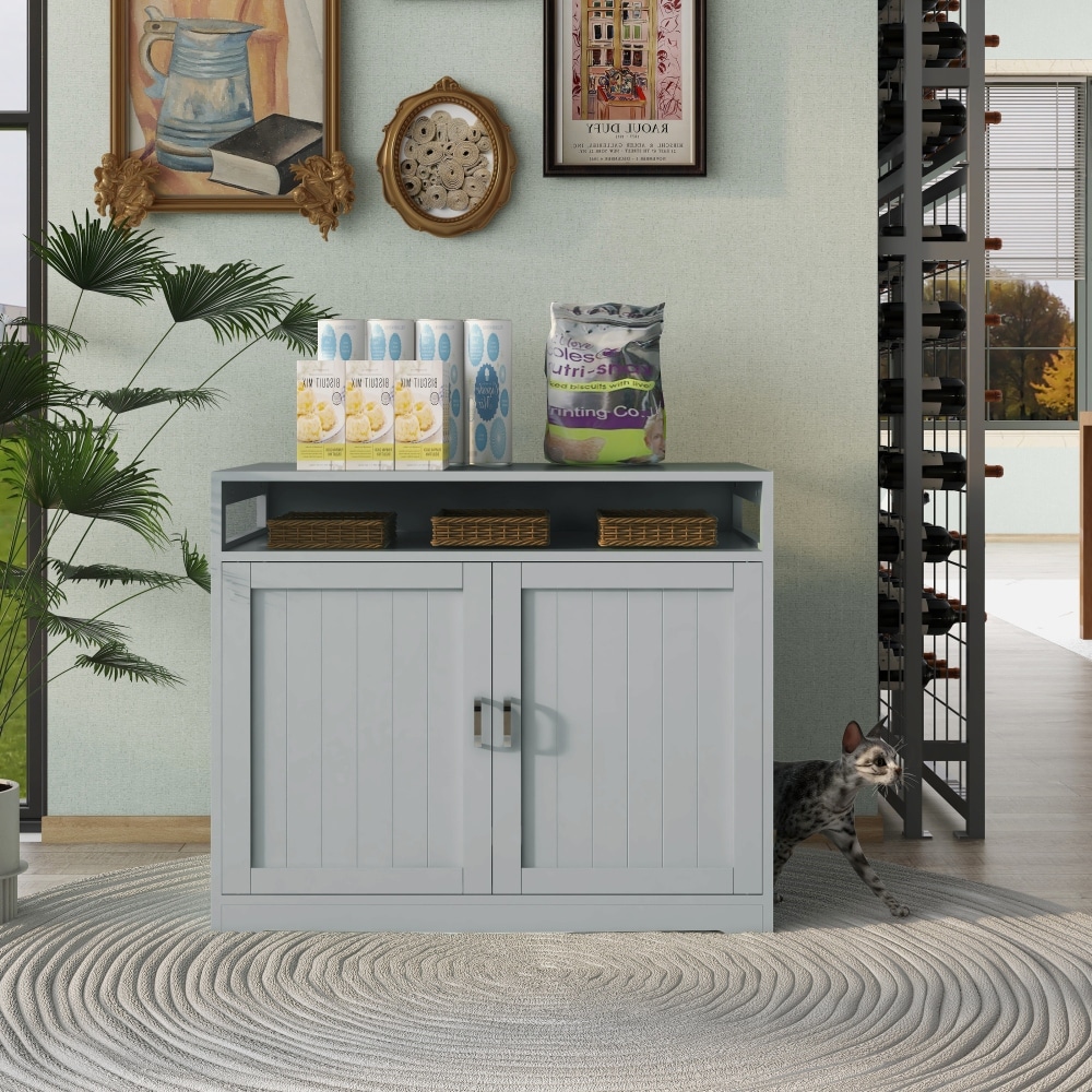 Wooden Cat Litter Box with Hidden Plug Bench Side Table Cat House Grey