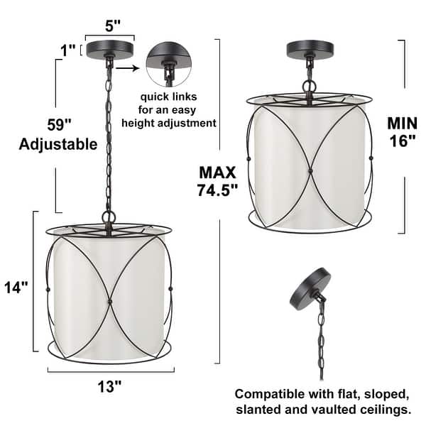 Modern Black Chandelier Drum Pendant Lights with Off-white Fabric for Kitchen Island - D13" X H 14"
