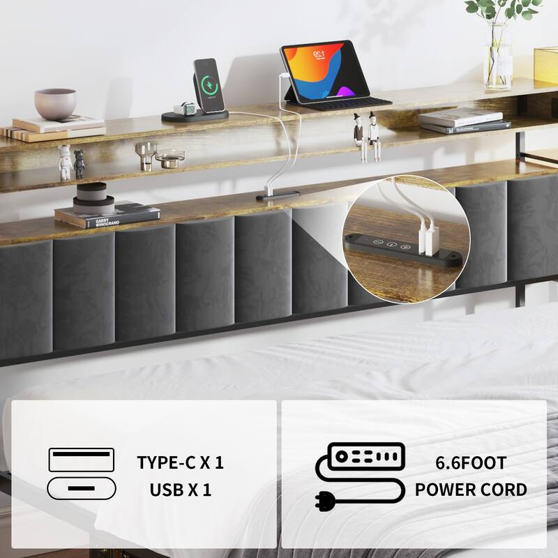 Queen King Size Platform Bed Frame with Storage, LED Lights, and Charging Station, Velvet Upholstered Headboard for Bedroom