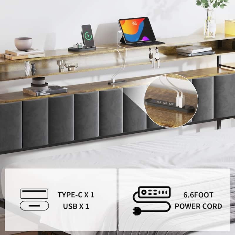 Queen Platform Bed with LED Headboard Light & 4-Tier Storage Shelves
