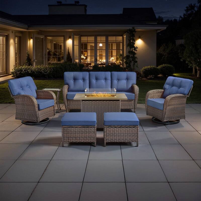 TWrap Wicker Patio Fire Pit Conversation Set with 3-Seat Sofa & Swivel Gliders - Brown/Navy Blue - With 2 Ottomans