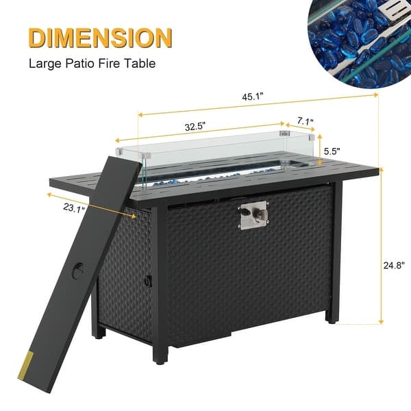 Outdoor 50000 BTU Rectangular 45” Propane Fire Pit Table with Glass Wind Guard for Patio, Deck, Backyard, Black - N/A