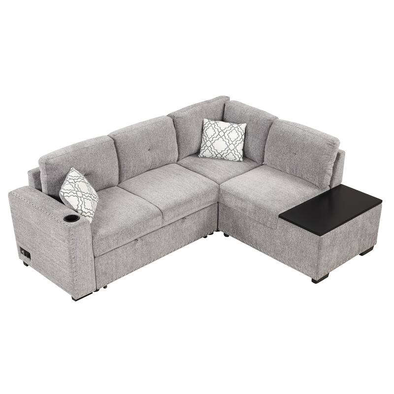 Pull-Out Sofa Bed L-Shape Sectional Sofa, Linen Deep Seat Sofa with Adjustable Headrest, Wireless Charging and Cup Holders
