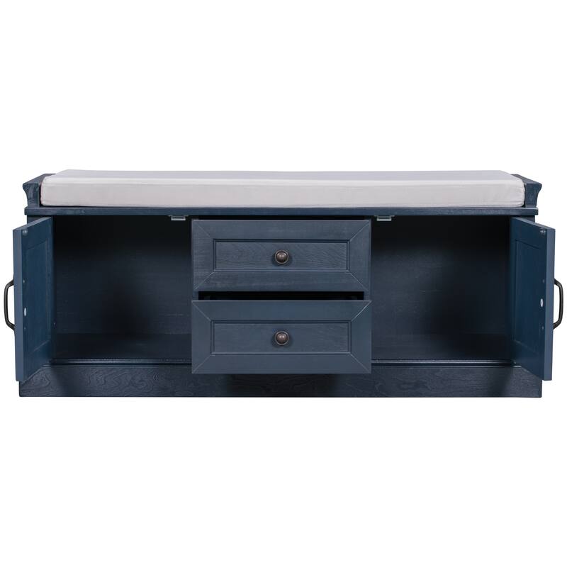 Storage Bench with 2 Drawers and 2 Cabinets, Shoe Bench with Removable Cushion