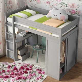 Twin Size Loft Bed With Wardrobes And 2-Drawer Desk With Cabinet for Home