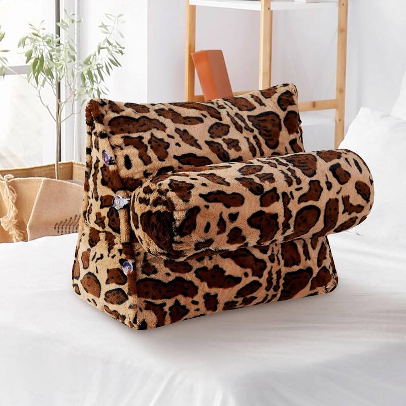 Cheer Collection Wedge Shaped Reading and TV Pillow with Adjustable Neck Pillow - Khaki Leopard