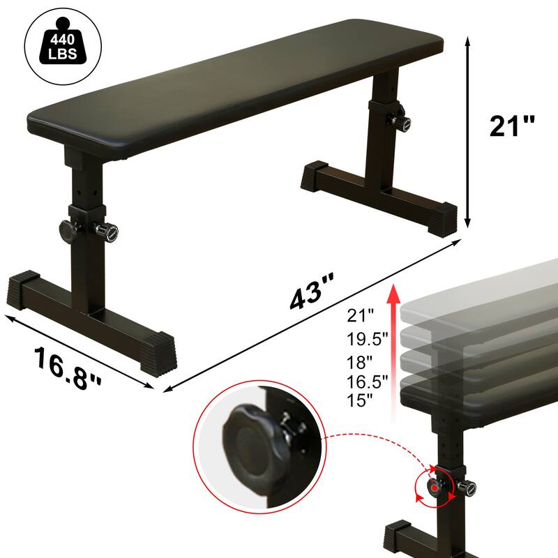 Roomfitters Flat Weight Bench for Strength Training with 5-Level Adjustable Height, Black