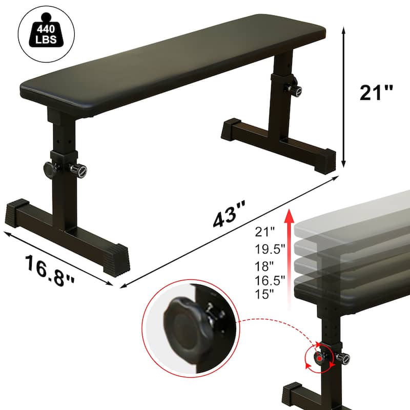 Weight Bench, 5-Level Adjustable,Max Load 440 lb,Flat Workout Bench - Black - 43.71"L
