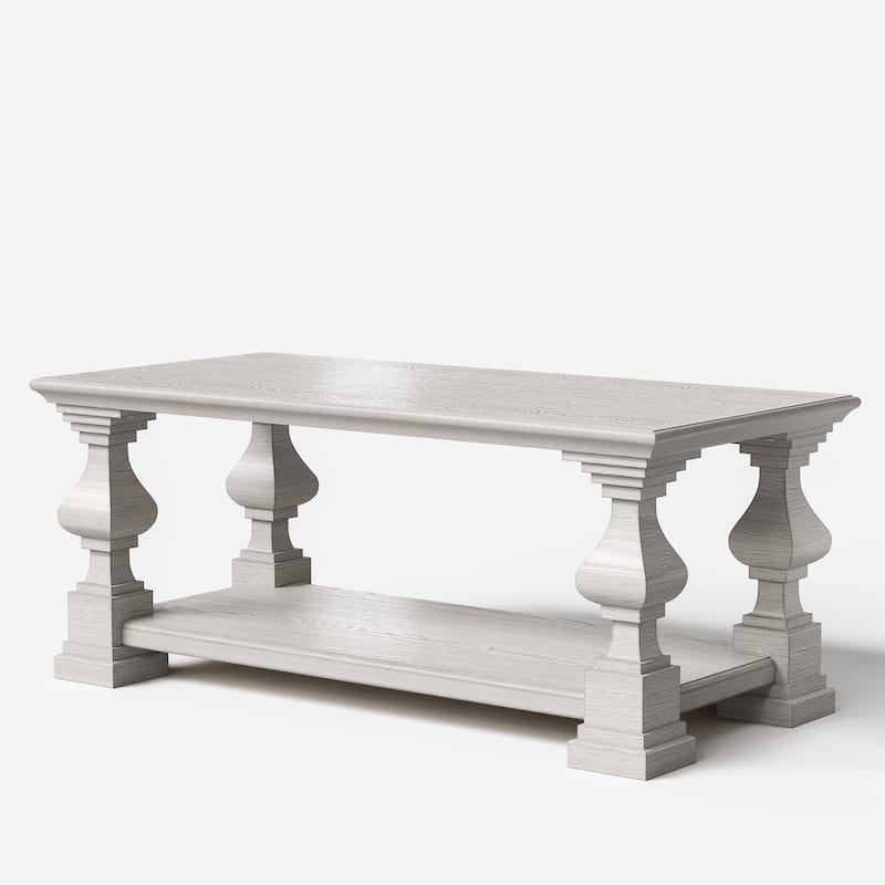 Solid Wood Coffee Table with Storage Shelf, White Washed Rustic Living Room Center Table