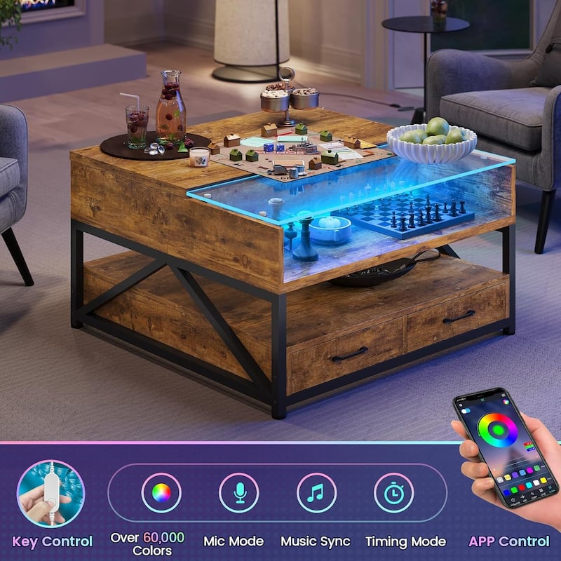 Coffee Table Lift Top 2 Drawers Hidden Compartment for Living Room