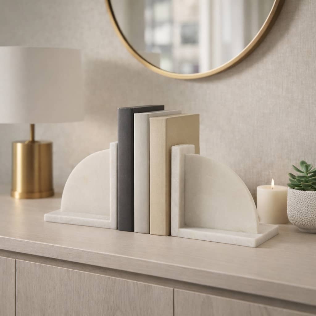 Stone Alabaster Arc Bookends - Set of 2, White, 6" - 6.0"