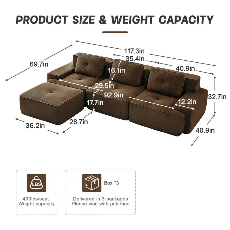 L-Shaped Modular Sectional Sofa with Movable Ottoman, Corduroy Boneless Cloud Couch, Tufted Deep Seat Sofa with 3 Pillow