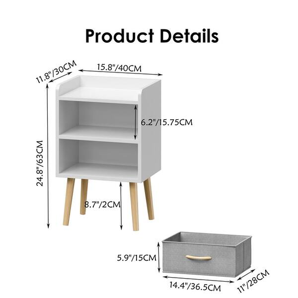 dimension image slide 1 of 3, Wood Side Table with Collapsible Fabric Drawer and 2-Tier Storage for Kids and Adults