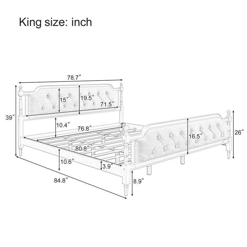 King Size Solid Wood Bed Frame with Tufted Headboard, No Box Spring Needed, Antique White