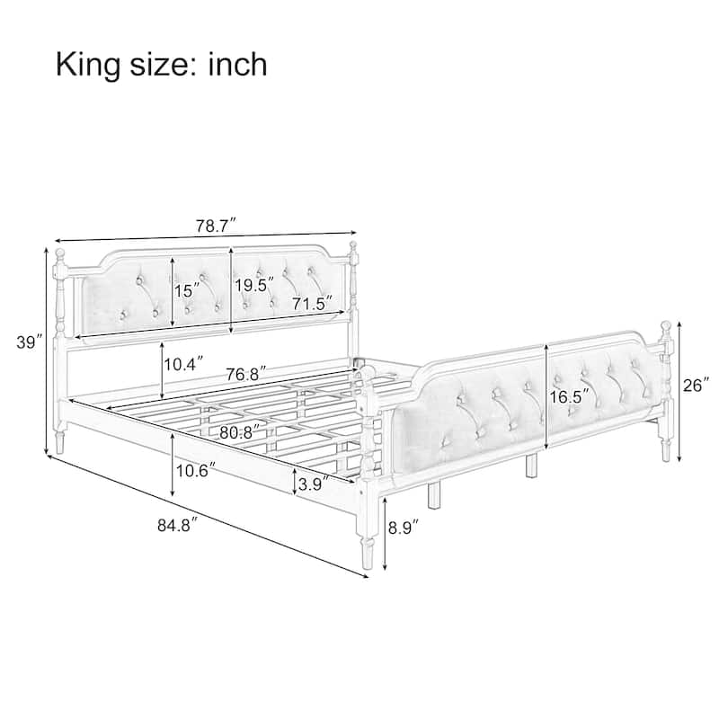 King Size Solid Wood Bed Frame with Tufted Upholstered Headboard, No Box Spring Needed, Walnut Finish