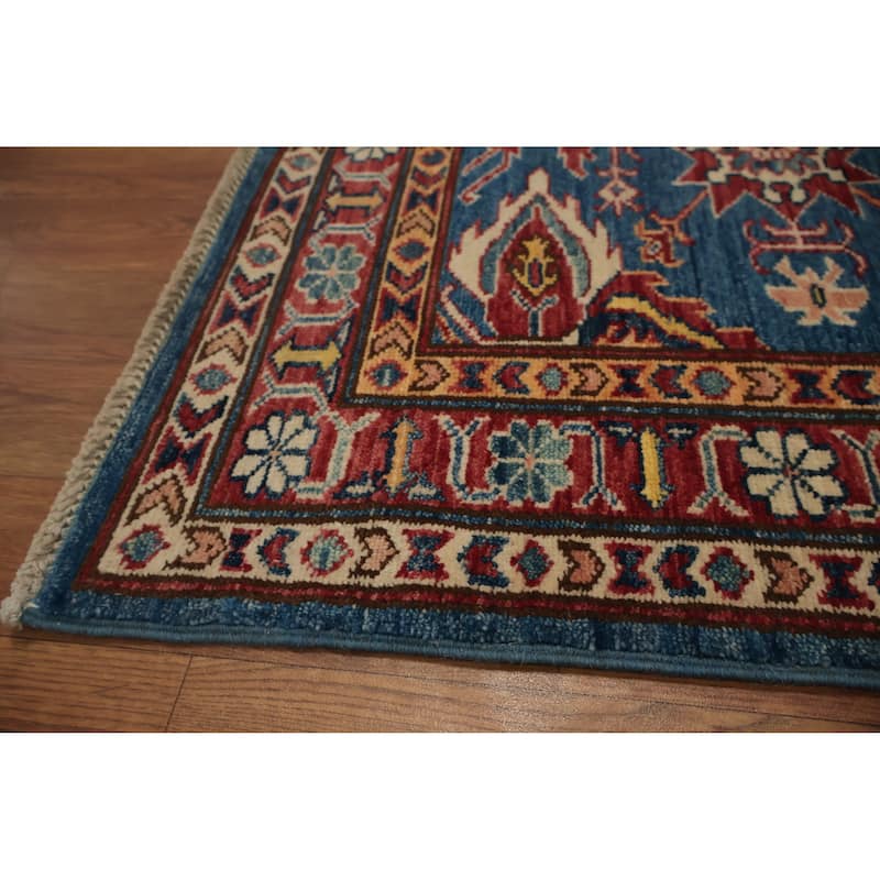 Hand Knotted Oriental 100% Wool Carpet Traditional Geometric Navy Blue & Blues Kazak Runner Rug - 9' 11'' X 2' 7''