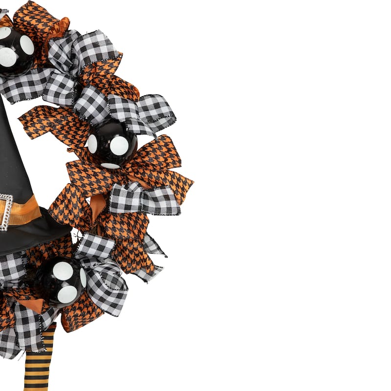 Witch with Bows and Ornaments Halloween Wreath - 24" - Orange and Black - Unlit