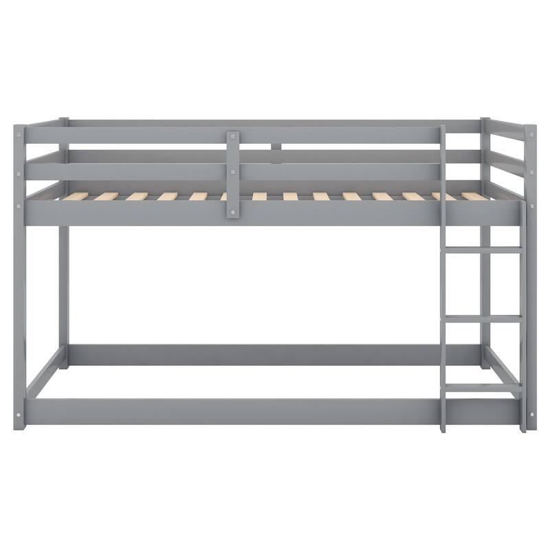 Twin Over Twin Floor Bunk Bed with Ladder, Gray - Solid Pine Wood, Low Design, Safety Guardrail