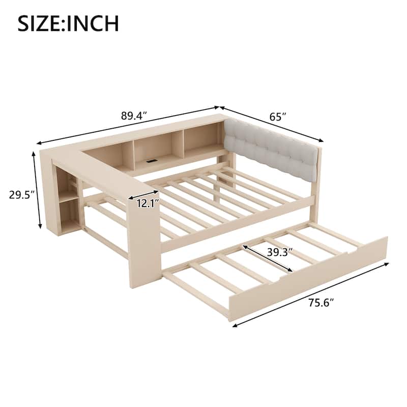 Upholstered Sofa Bed, Wood Daybed, L-shaped Bed Frame with Desk, Shelves, Charging Station, and Optional with Trundle or Drawers