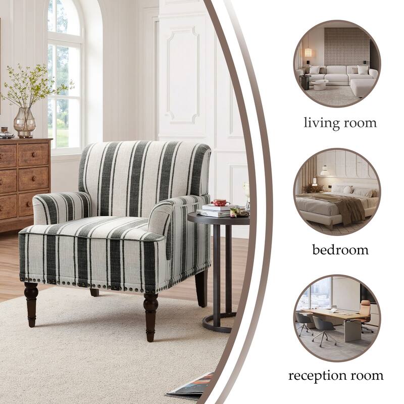 Set 2 Striped Upholstered Linen Armchair with Brass Nailhead Trim