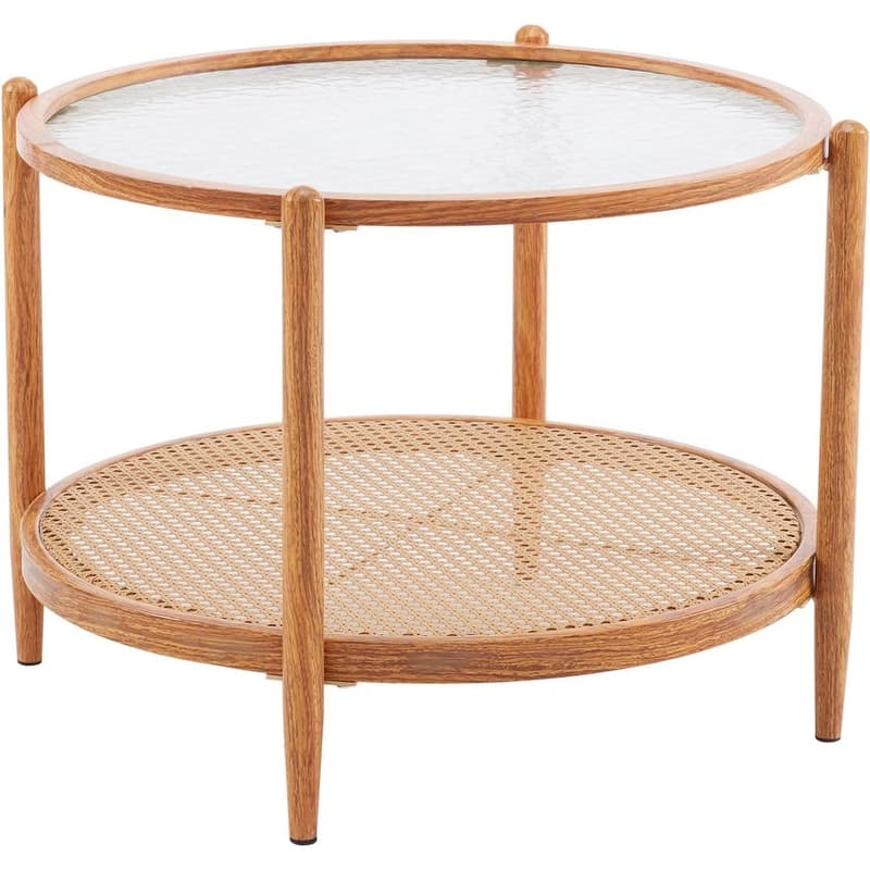 VINGLI Double-Layered Round Water Ripple Glass with Heat Transfer Wood Grain Iron Frame Coffee Table