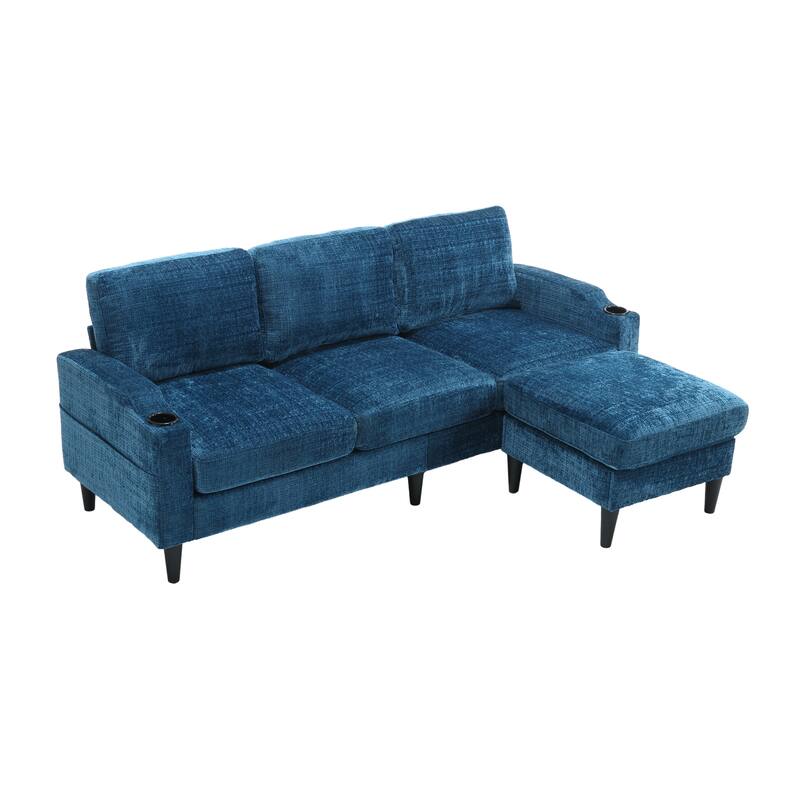 Modular Sectional Sofa with Storage Ottoman, Comfy Chenille Fabric Sofa, 3-Seater Sofa with Side Pockets & 2 Cup Holders