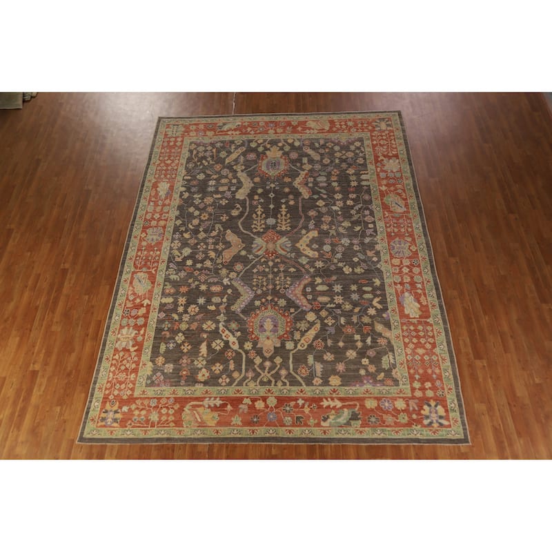 Hand Knotted Oriental 100% Wool Carpet Transitional All-Over Greys & Charcoal Oushak Area Rug - 12' 3'' X 9' 4''