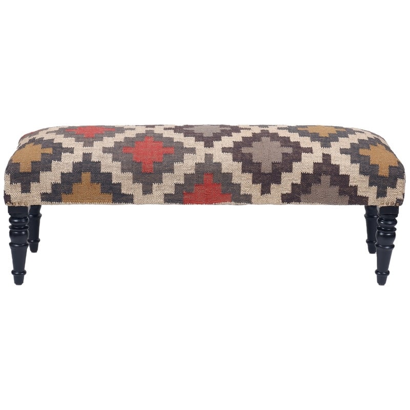 Handmade Kilim Upholstered Wooden Bench (India) - 48" W x 16" L x 18" H