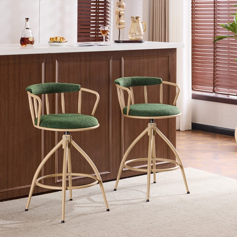 2 Piece Set of Green Swivel Bar Stools with Burlap Seat and Khaki Powder - Coated Iron Legs - N/A