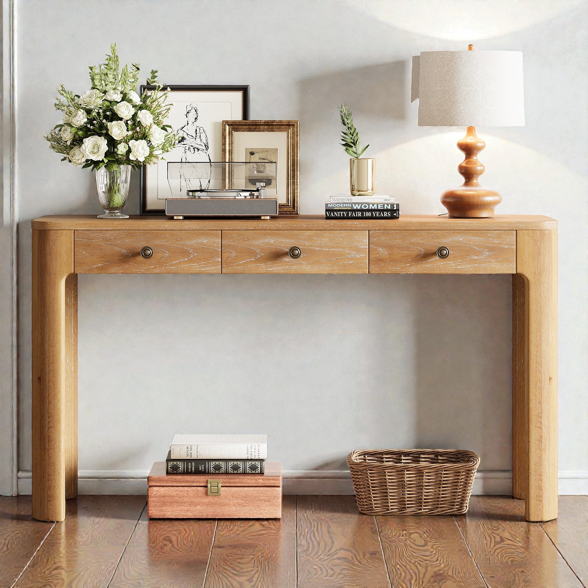 Rustic Console Table with Curved Corners, 3 Concealed Drawers & Thick Wood Legs, Entryway Sofa Table for Hallway & Living Room