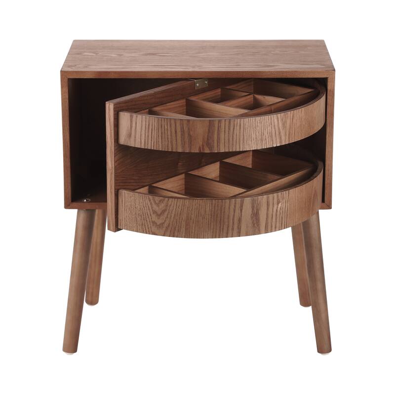 Rotating Hidden Compartment Nightstand for Bedroom, Mid Century Modern Rattan Bedside Table End Table with Wood Legs