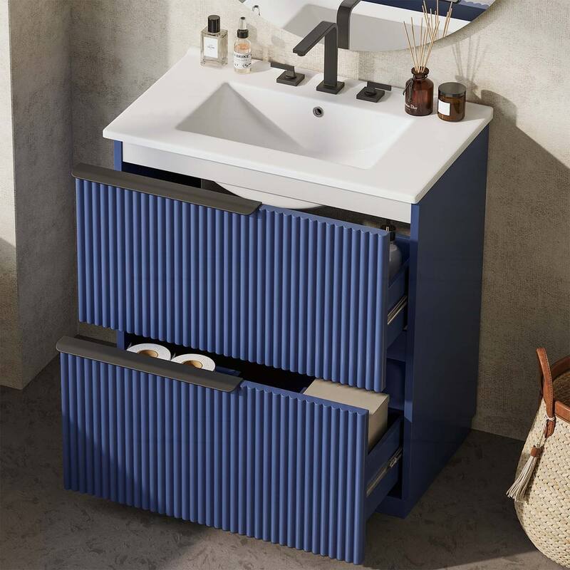 30 Inch Freestanding Bathroom Vanity with Ceramic Sink,Full-Extension Drawers,and Fluted Design