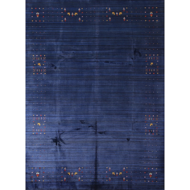 Blue Striped Gabbeh Oriental Area Rug Handmade Silk Carpet - 7'8"x 9'7"